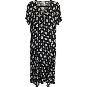 Henley Midi Shift Dress Linen Blend Floral Print Small Short Sleeve Retro Style